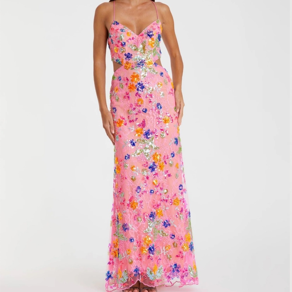 MAC DUGGAL 68067 PINK MULTI EMBELLISHED LACE STRAPPY COLUMN GOWN sz 2